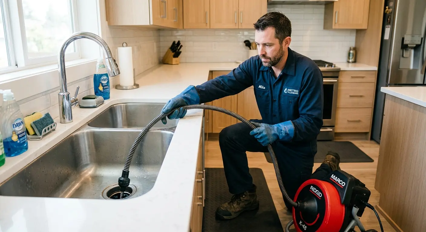 Drain cleaning technician using a motorized snake on a kitchen sink in Croton-on-Hudson