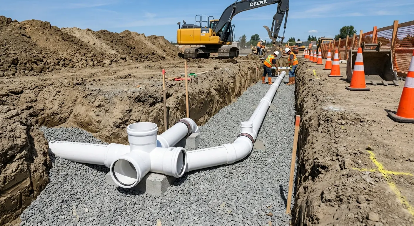 New PVC sewer pipe installation in open trench for Sewer Backup in Croton-on-Hudson