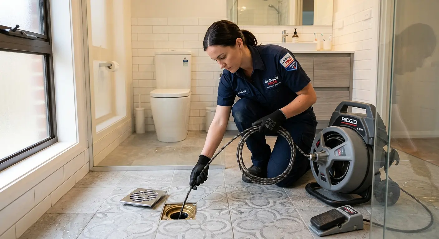 Technician clearing a bathroom floor drain for Sewer Line Replacement in Croton-on-Hudson